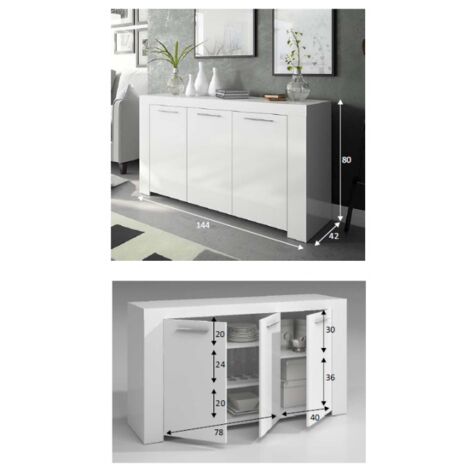 Madia 144x80 Cm Bianco Opaco Con Tre Ante E Tre Ripiani Interni Bianco