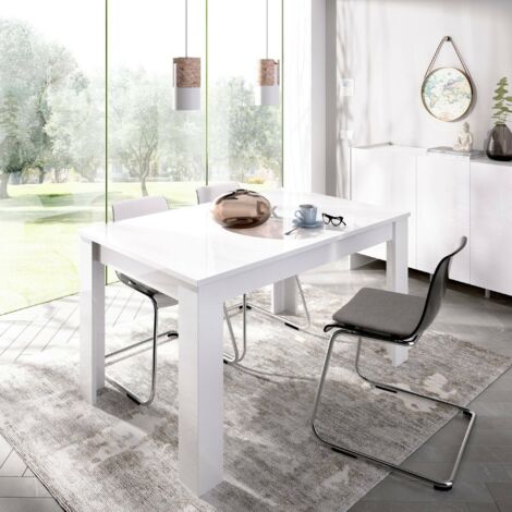 Dmora Tavolo Allungabile Midland, Tavolo Per Sala Da Pranzo Allungabile, Tavolo Da Pranzo Estensibile Con Allunga, Cm 140/190x90h78, Bianco Lucido, Con Imballo Rinforzato