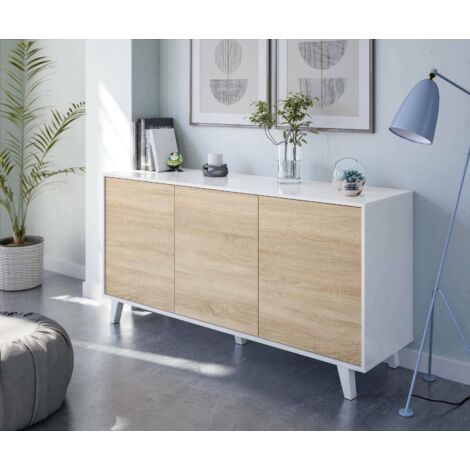Dmora Credenza Arvada, Madia Moderna A 3 Ante E Ripiani, Buffet Da Cucina, Buffet Di Design Da Soggiorno, Cm 154x40h75, Bianco Lucido E Bianco, Con Imballo Rinforzato