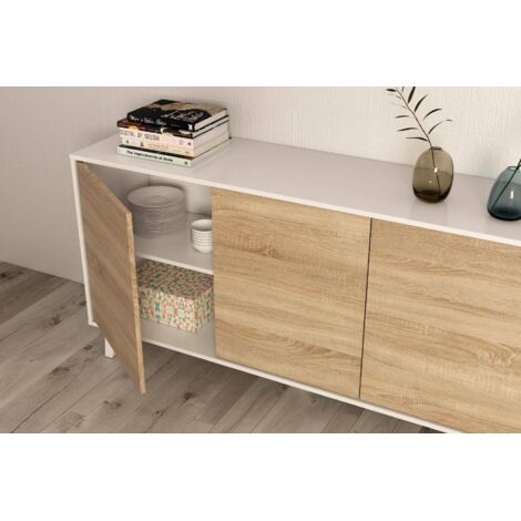 Dmora Credenza Arvada, Madia Moderna A 3 Ante E Ripiani, Buffet Da Cucina, Buffet Di Design Da Soggiorno, Cm 154x40h75, Bianco Lucido E Bianco, Con Imballo Rinforzato