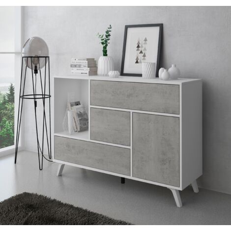 Skraut Home - Credenza Salotto/sala Da Pranzo, Buffet WIND 1 Porta, 3 Cassetti, Struttura Colore BIANCO OPACO, Anta E Cassetti Colore CEMENTO. Dimensioni: 120x40x86cm.