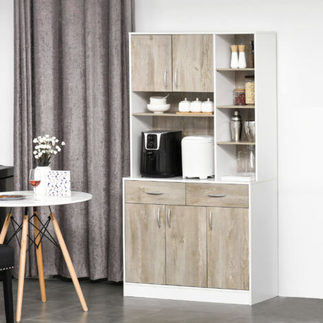 HOMCOM Mobile Buffet Dispensa Cucina, Bianco E Legno, Ante Cassetti Vani Aperti
