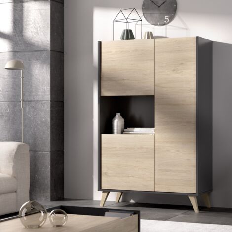 Credenza Soggiorno 135 Cm Abby Grafite E Rovere Naturale Con Tre Ante Grafite E Naturale