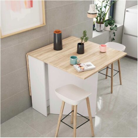 Tavolo Allungabile, Tavolo Da Pranzo Pieghevole Con Piano Abbattibile, Tavolo Ausiliario Richiudibile, Cm 31x77h78, Bianco E Rovere