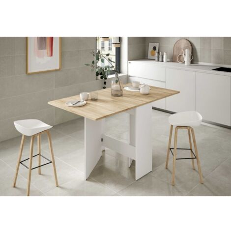Tavolo Allungabile, Tavolo Da Pranzo Pieghevole Con Piano Abbattibile, Tavolo Ausiliario Richiudibile, Cm 31x77h78, Bianco E Rovere