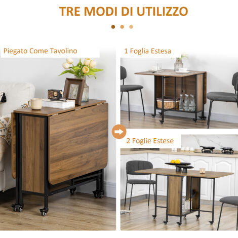 HOMCOM Tavolo Pieghevole Con 6 Ruote E Mensola Stile Industriale In Legno E Metallo, Marrone Chiaro