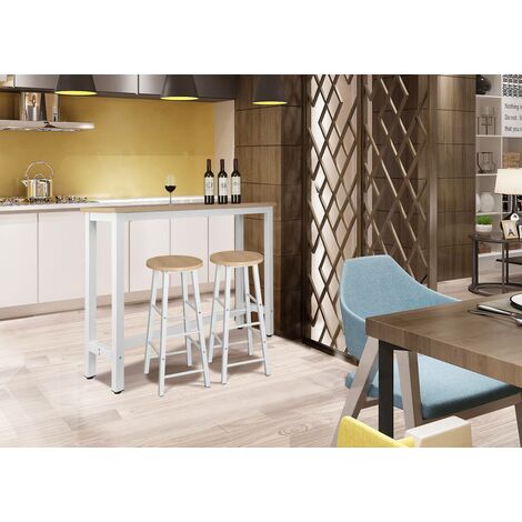 WOLTU Tavolo Bar 140 CM Da Pranzo Cucina In Metallo E Legno Tavolino Caffè Alto Rovere+bianco