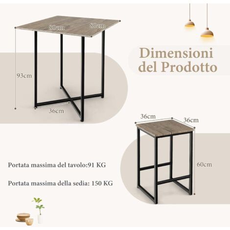 COSTWAY Set Di Tavoli Quadrati Salvaspazio Per Piccoli Spazi, Appartamenti, Piccoli Set Di Tavoli Alti Da Cucina Per 4 Persone Con Struttura In Metallo, Grigio