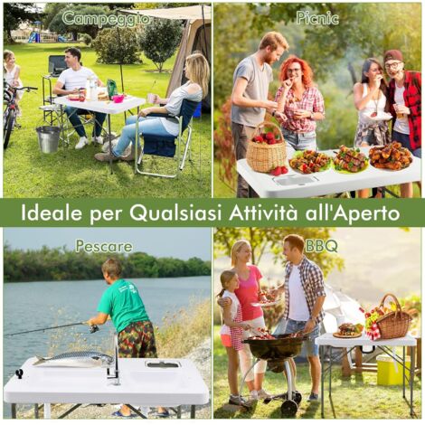 COSTWAY Tavolo Da Campeggio Portatile, Tavolo Pieghevole Con 2 Lavandini, Rubinetto Girevole A 360°, Tavolo Da Esterno Per Picnic, Barbecue E Pesca, 101,5 X 65,5 X 107,5 Cm, Portata 150 Kg