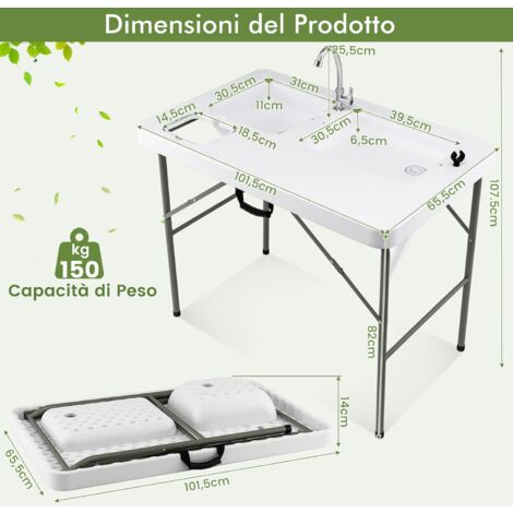COSTWAY Tavolo Da Campeggio Portatile, Tavolo Pieghevole Con 2 Lavandini, Rubinetto Girevole A 360°, Tavolo Da Esterno Per Picnic, Barbecue E Pesca, 101,5 X 65,5 X 107,5 Cm, Portata 150 Kg