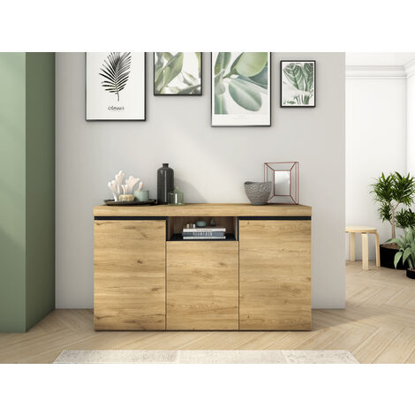 Skraut Home - Credenza Soggiorno Sala Da Pranzo Ufficio Colore ''Rovere/Nero'' 3 Ante 1 Vuoto 81x140x40 Cm, Nordico