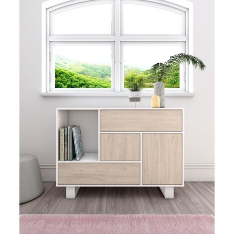 Skraut Home - Credenza WIND Per Sala Da Pranzo, Buffet 1 Porta, 3 Cassetti, Colore Struttura Bianco E Colore Porta E Cassetti Rovere. 120x40x86cm.