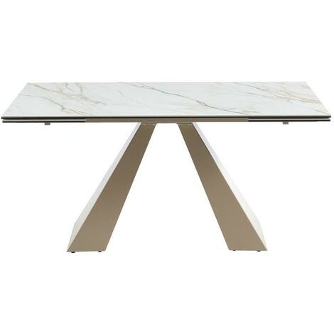 Tavolo Da Pranzo Allungabile Da 6 A 10 Coperti In Ceramica E Metallo Effetto Marmo Bianco E Beige - LOZIPA