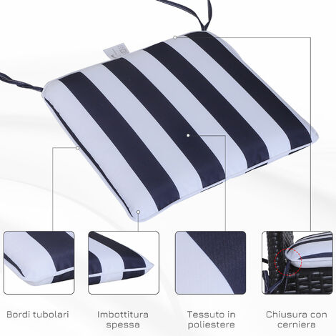  Outsunny Set 6 Cuscini Per Sedia Sfoderabili 100% Poliestere, Bianco E Blu, 42x42x5cm Striscia Blu E Bianca 42x42x5cm