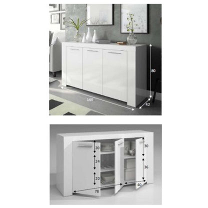  Madia 144x80 Cm Bianco Opaco Con Tre Ante E Tre Ripiani Interni Bianco