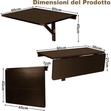  COSTWAY Tavolo Pieghevole A Muro, Tavolino Porta PC Da Parete In Legno, Tavolo A Scomparsa Multifunzionale, Ideale Per Soggiorno, Cucina E Studio, 80 X 60 X 45 Cm (Marrone)