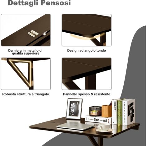  COSTWAY Tavolo Pieghevole A Muro, Tavolino Porta PC Da Parete In Legno, Tavolo A Scomparsa Multifunzionale, Ideale Per Soggiorno, Cucina E Studio, 80 X 60 X 45 Cm (Marrone)