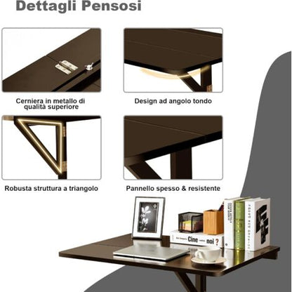 COSTWAY Tavolo Pieghevole A Muro, Tavolino Porta PC Da Parete In Legno, Tavolo A Scomparsa Multifunzionale, Ideale Per Soggiorno, Cucina E Studio, 80 X 60 X 45 Cm (Marrone)