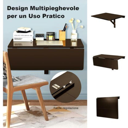  COSTWAY Tavolo Pieghevole A Muro, Tavolino Porta PC Da Parete In Legno, Tavolo A Scomparsa Multifunzionale, Ideale Per Soggiorno, Cucina E Studio, 80 X 60 X 45 Cm (Marrone)