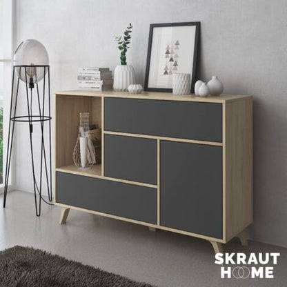  Skraut Home - Credenza Sala Da Pranzo, Mobili Ausiliari Buffet WIND 1 Anta, 3 Cassetti, Struttura Colore Puccini E Colore Anta E Cassetti Grigio Antracite, Misure: 120x40x86cm.