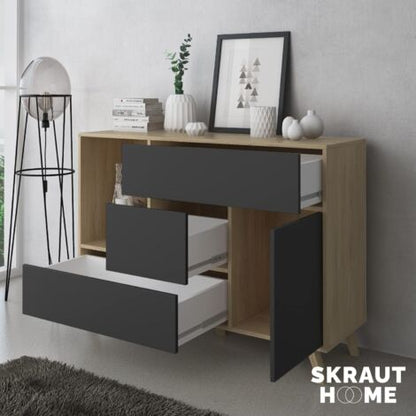  Skraut Home - Credenza Sala Da Pranzo, Mobili Ausiliari Buffet WIND 1 Anta, 3 Cassetti, Struttura Colore Puccini E Colore Anta E Cassetti Grigio Antracite, Misure: 120x40x86cm.