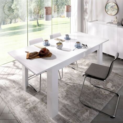  Dmora Tavolo Allungabile Midland, Tavolo Per Sala Da Pranzo Allungabile, Tavolo Da Pranzo Estensibile Con Allunga, Cm 140/190x90h78, Bianco Lucido, Con Imballo Rinforzato