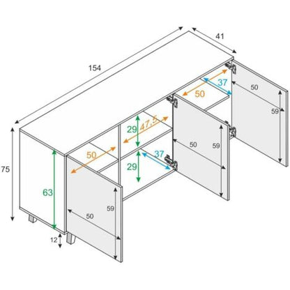  Dmora Credenza Arvada, Madia Moderna A 3 Ante E Ripiani, Buffet Da Cucina, Buffet Di Design Da Soggiorno, Cm 154x40h75, Bianco Lucido E Bianco, Con Imballo Rinforzato
