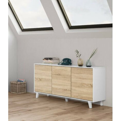 Dmora Credenza Arvada, Madia Moderna A 3 Ante E Ripiani, Buffet Da Cucina, Buffet Di Design Da Soggiorno, Cm 154x40h75, Bianco Lucido E Bianco, Con Imballo Rinforzato