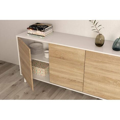  Dmora Credenza Arvada, Madia Moderna A 3 Ante E Ripiani, Buffet Da Cucina, Buffet Di Design Da Soggiorno, Cm 154x40h75, Bianco Lucido E Bianco, Con Imballo Rinforzato