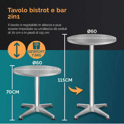  Casaria 2x Tavolo 2in1 Da Bar Altezza Regolabile 70 Cm / 115 Cm Alluminio Rotondo Ø 60 Cm Interno Esterno Tavolo Bistro Party