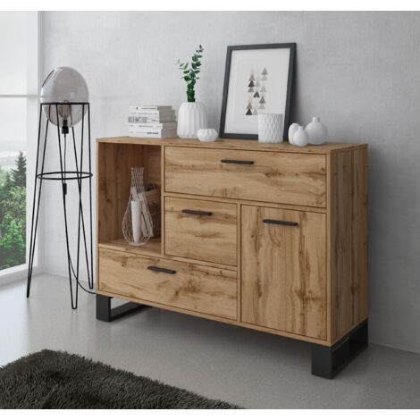  Skraut Home - Credenza Buffet/sala Da Pranzo, Arredamento Ausiliario Buffet LOFT 1 Porta, 3 Cassetti, Tutti In Colore Rovere Rustico. Misure: 120x40x86cm.