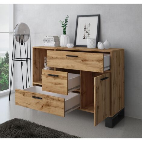  Skraut Home - Credenza Buffet/sala Da Pranzo, Arredamento Ausiliario Buffet LOFT 1 Porta, 3 Cassetti, Tutti In Colore Rovere Rustico. Misure: 120x40x86cm.