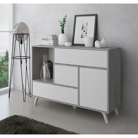  Skraut Home - Credenza Salotto/sala Da Pranzo, Mobile Buffet WIND 1 Porta, 3 Cassetti, Struttura Colore CEMENTO, Porta E Cassetti Colore BIANCO OPACO. Dimensioni: 120x40x86cm.