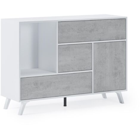  Skraut Home - Credenza Salotto/sala Da Pranzo, Buffet WIND 1 Porta, 3 Cassetti, Struttura Colore BIANCO OPACO, Anta E Cassetti Colore CEMENTO. Dimensioni: 120x40x86cm.