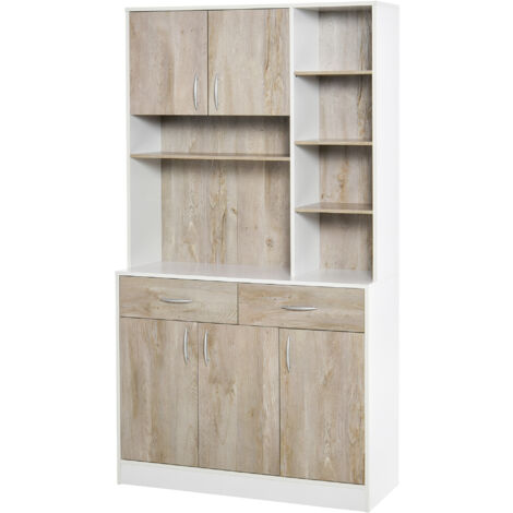  HOMCOM Mobile Buffet Dispensa Cucina, Bianco E Legno, Ante Cassetti Vani Aperti