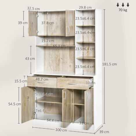  HOMCOM Mobile Buffet Dispensa Cucina, Bianco E Legno, Ante Cassetti Vani Aperti