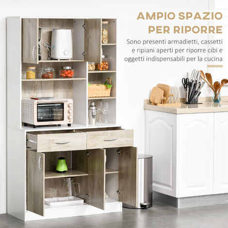  HOMCOM Mobile Buffet Dispensa Cucina, Bianco E Legno, Ante Cassetti Vani Aperti