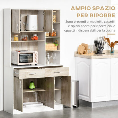  HOMCOM Mobile Buffet Dispensa Cucina, Bianco E Legno, Ante Cassetti Vani Aperti