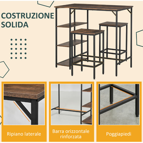  HOMCOM Set Tavolo Alto 2 Sgabelli E Scaffale Stile Industriale Metallo E Legno