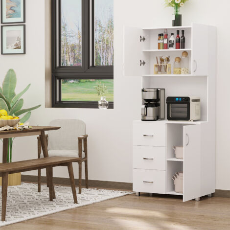  Homcom Credenza In Legno Bianco Con 2 Armadietti 1 Ripiano Aperto E 3 Cassetti