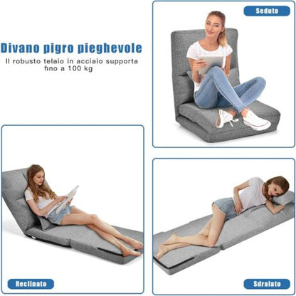  Sedia Pieghevole Da Pavimento Portatile, Cuscino Da Seduta Cuscino Per La Schiena, Poltrona Relax (Grigio)