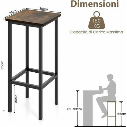  COSTWAY Set Di 4 Sgabelli Da Bar, Sgabello Sedie Alta Con Poggiapiedi, Stile Industriale Per Cucina, Soggiorno, Sala Da Pranzo, Capacità 100kg (30x30x62 Cm)