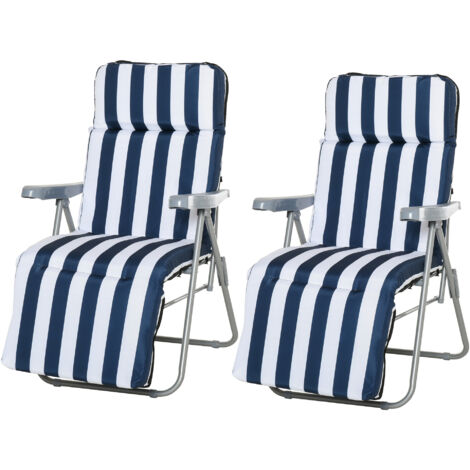  Outsunny Set 2 Sedie A Sdraio Da Giardino Reclinabili Con Imbottitura A Righe E Braccioli, Bianco E Blu