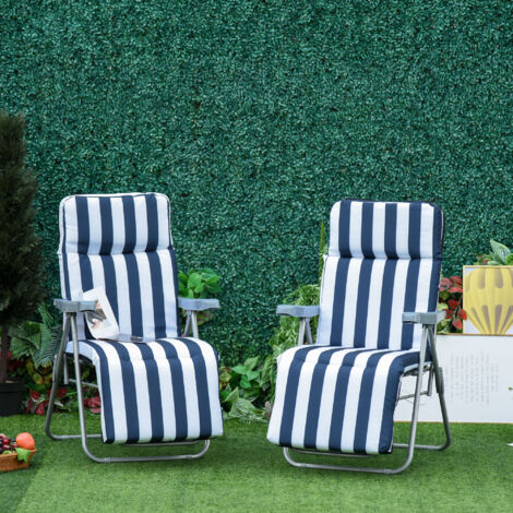  Outsunny Set 2 Sedie A Sdraio Da Giardino Reclinabili Con Imbottitura A Righe E Braccioli, Bianco E Blu