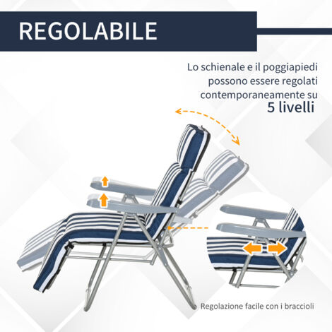  Outsunny Set 2 Sedie A Sdraio Da Giardino Reclinabili Con Imbottitura A Righe E Braccioli, Bianco E Blu