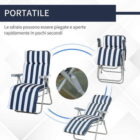  Outsunny Set 2 Sedie A Sdraio Da Giardino Reclinabili Con Imbottitura A Righe E Braccioli, Bianco E Blu