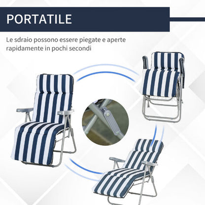  Outsunny Set 2 Sedie A Sdraio Da Giardino Reclinabili Con Imbottitura A Righe E Braccioli, Bianco E Blu
