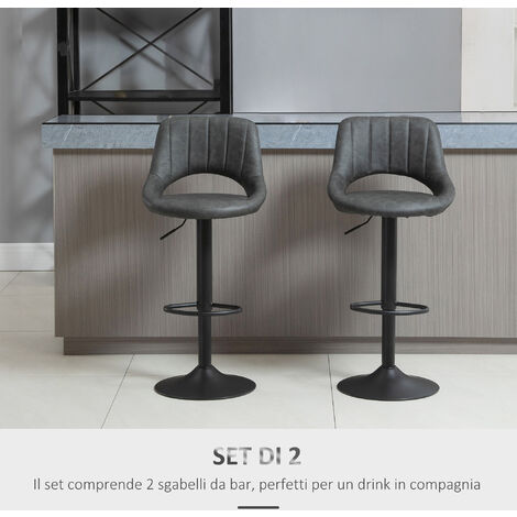  HOMCOM Set 2 Sgabelli Da Bar Con Altezza Regolabile E Poggiapiedi, In Similpelle E Metallo Grigio