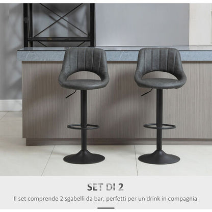  HOMCOM Set 2 Sgabelli Da Bar Con Altezza Regolabile E Poggiapiedi, In Similpelle E Metallo Grigio