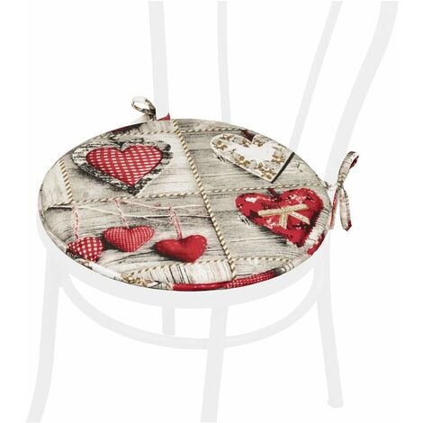  Cuscino Sedia Rotondo Morbido Lavabile Laccetti Fissaggio Shabby Chic Cuori 100% Made In Italy
